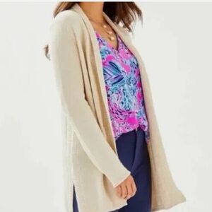 Lilly Pulitzer Ashwood Cream and Gold Meta Open-Front Womens Cardigan Sweater